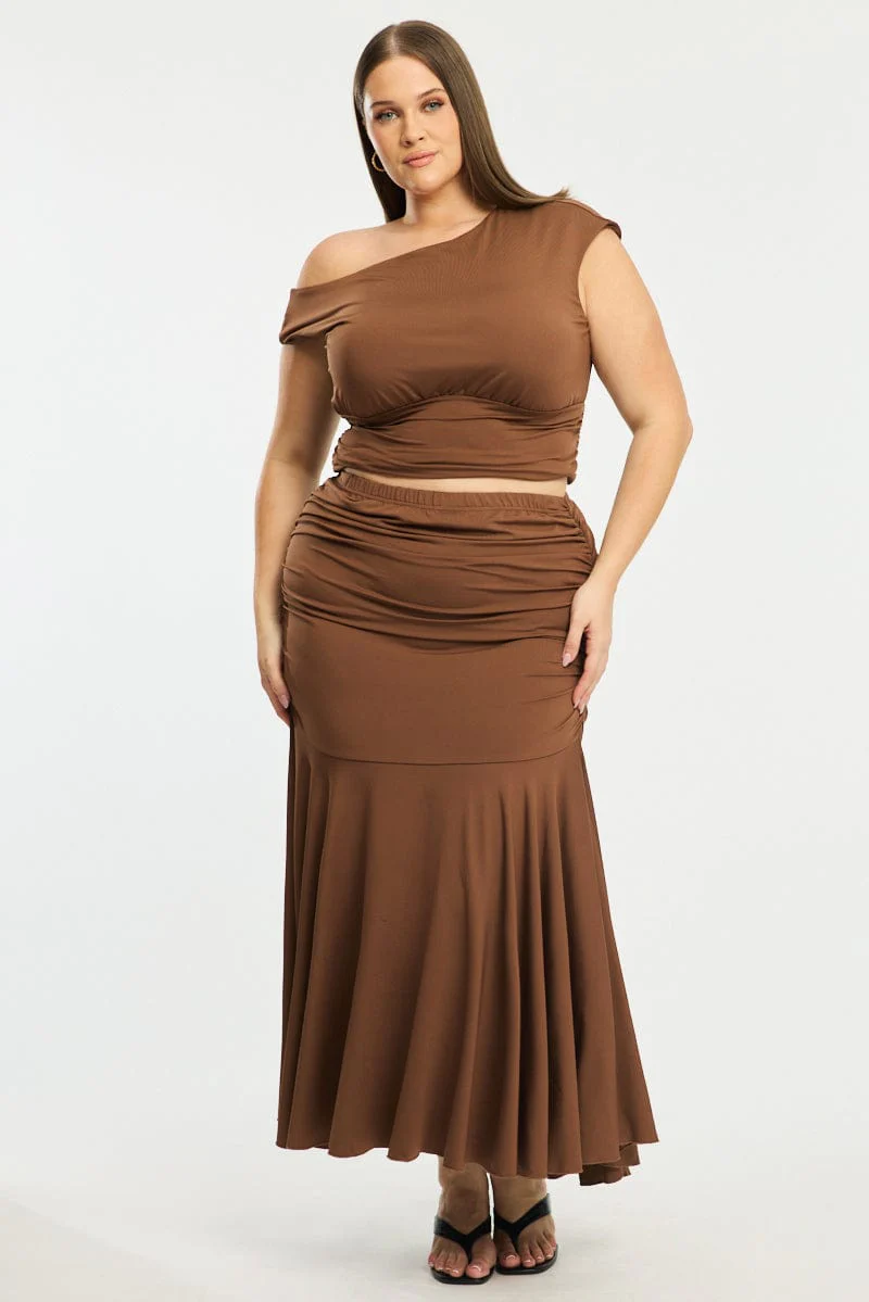 Brown Maxi Skirt Ruched Waist Jersey
