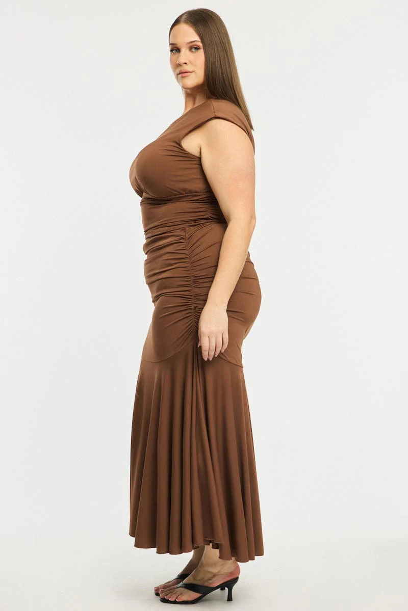 Brown Maxi Skirt Ruched Waist Jersey - Image 3