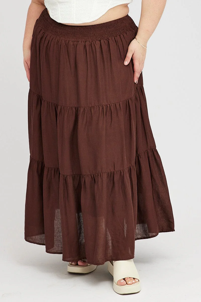 Brown Maxi Skirt Shirred Waist Tiered - Image 2