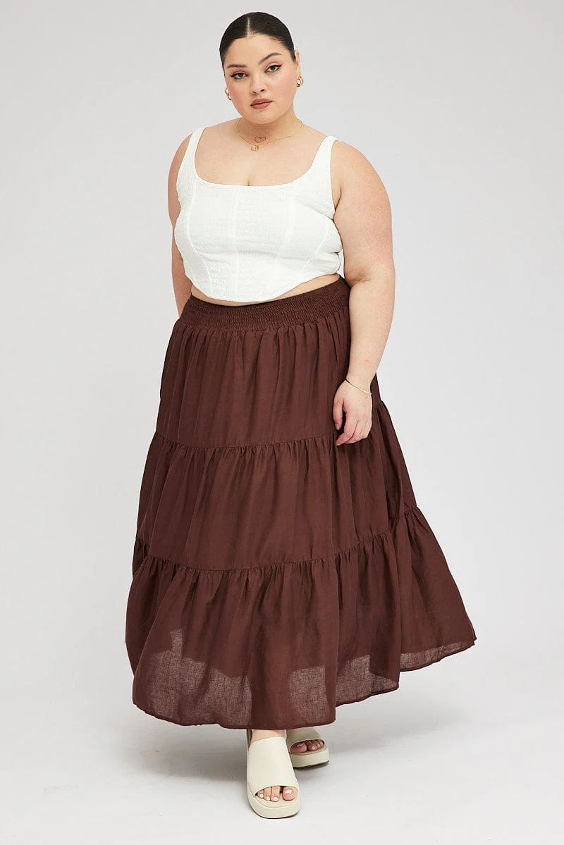 Brown Maxi Skirt Shirred Waist Tiered - Image 3