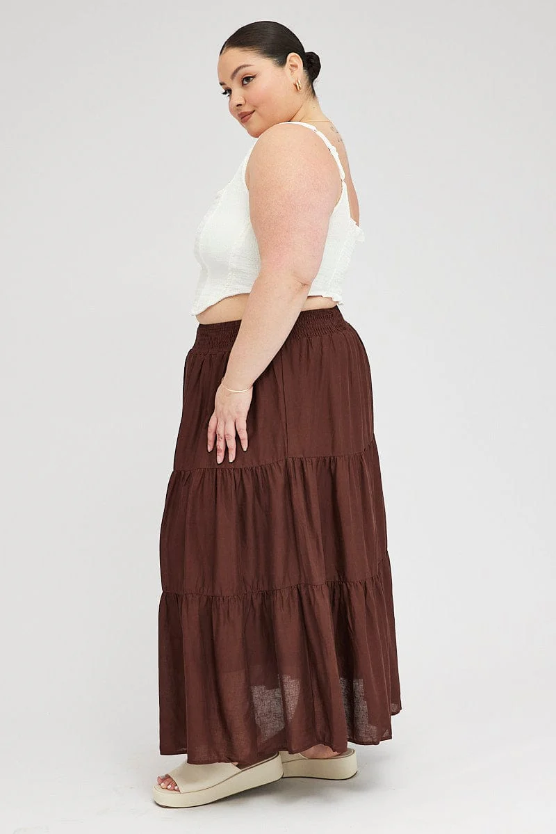 Brown Maxi Skirt Shirred Waist Tiered - Image 4