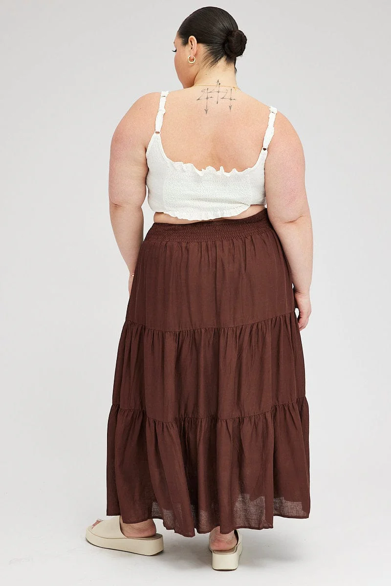 Brown Maxi Skirt Shirred Waist Tiered - Image 5