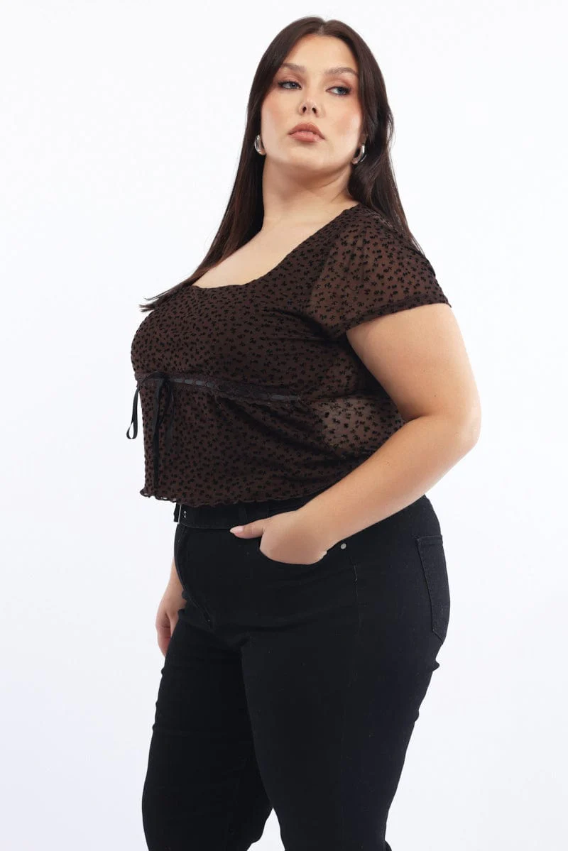 Brown Mesh Top Burn Out Short Sleeve - Image 3