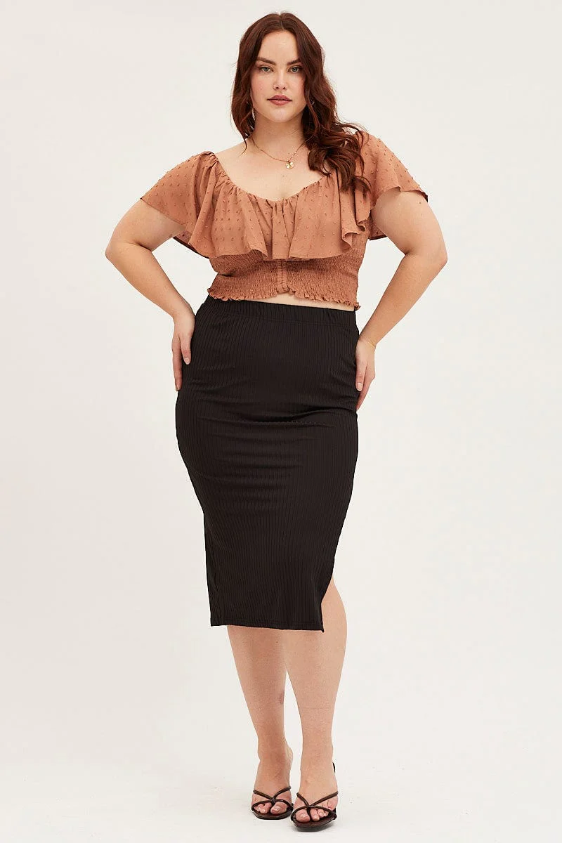 Brown Midi Bodycon Skirt Rib - Image 3