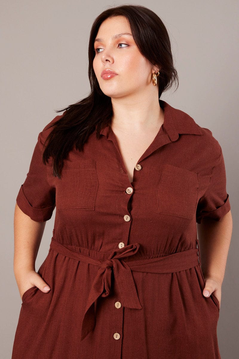 Brown Midi Dress Puff Sleeve Belted With Pockets - Image 2