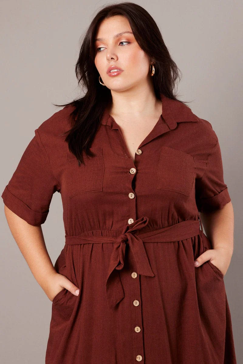 Brown Midi Dress Puff Sleeve Belted With Pockets - Image 3