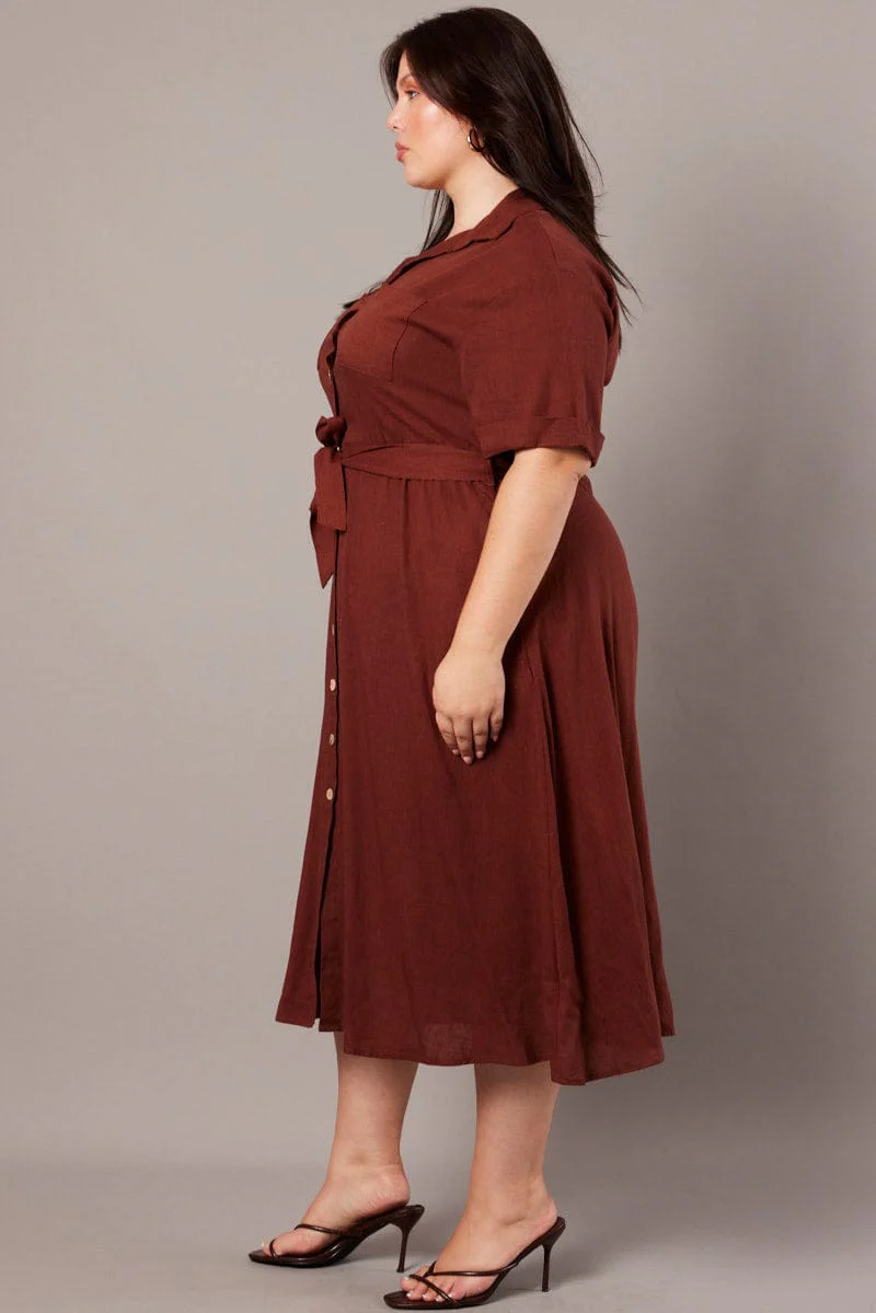 Brown Midi Dress Puff Sleeve Belted With Pockets - Image 4