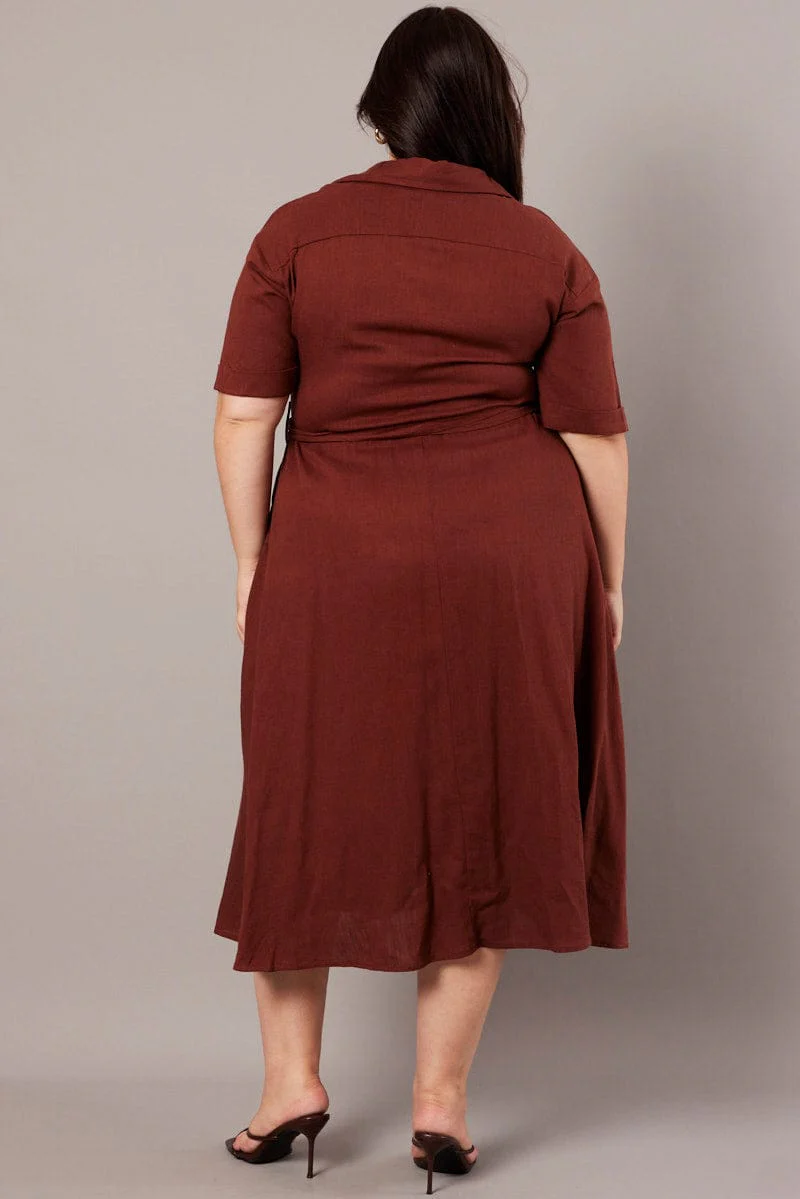 Brown Midi Dress Puff Sleeve Belted With Pockets - Image 5