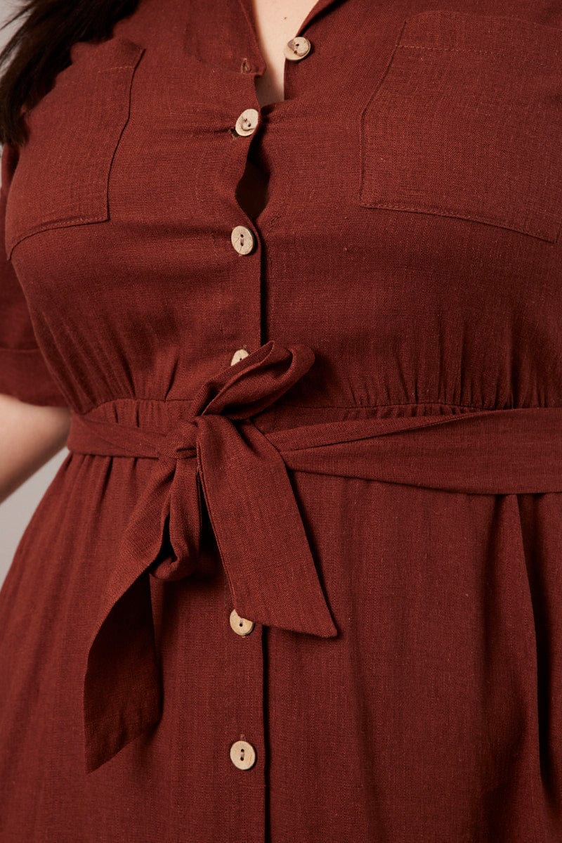 Brown Midi Dress Puff Sleeve Belted With Pockets - Image 6