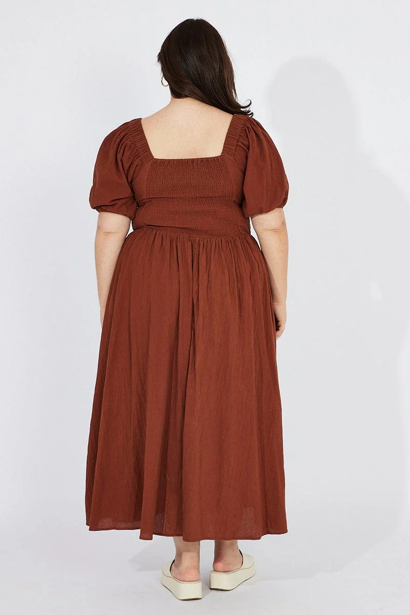 Brown Midi Dress Puff Sleeve Front Split - Image 5