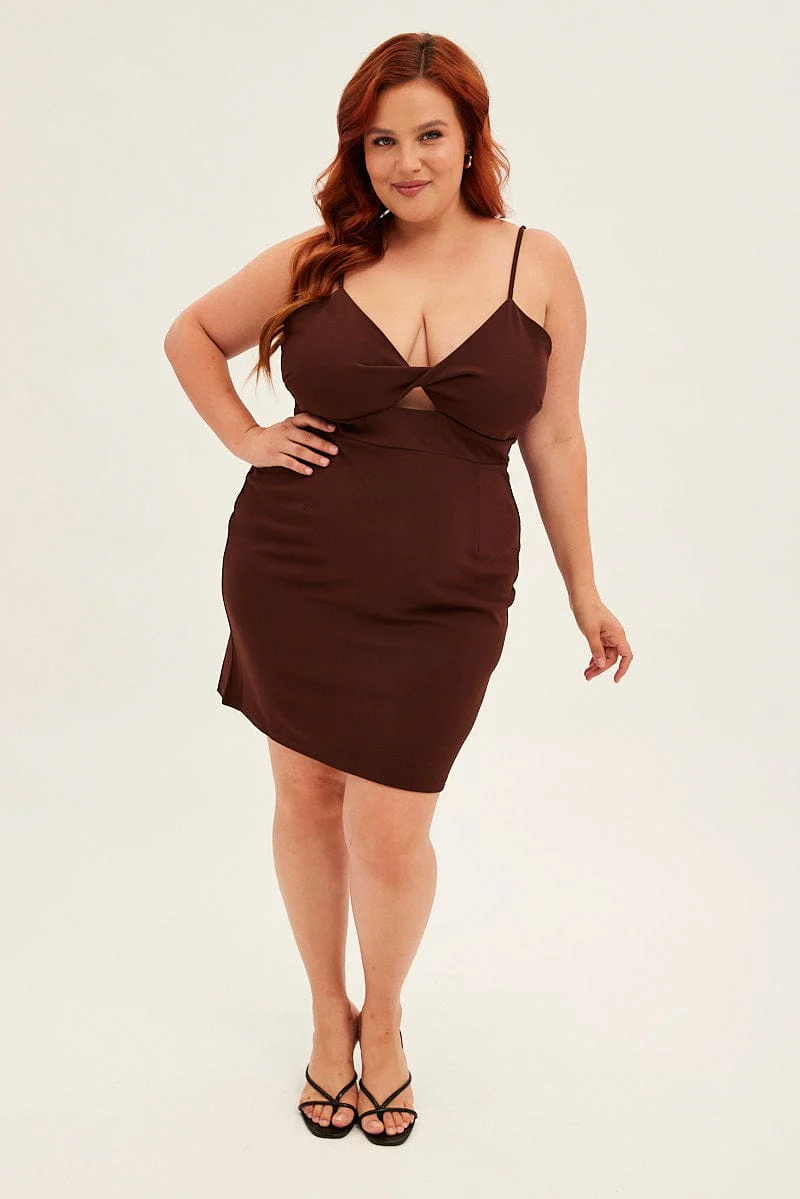 Brown Midi Dress Shoestring Strap Fitted Stretch Crepe - Image 2