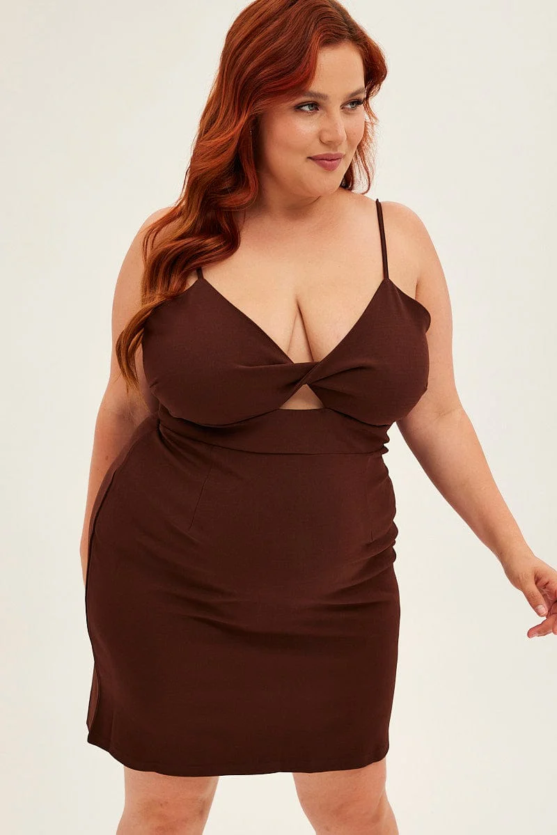 Brown Midi Dress Shoestring Strap Fitted Stretch Crepe - Image 3