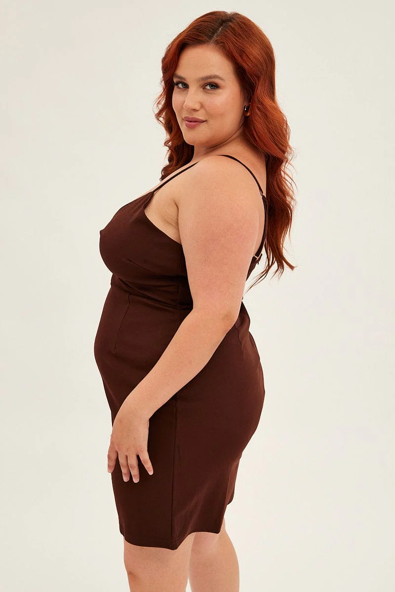Brown Midi Dress Shoestring Strap Fitted Stretch Crepe - Image 4