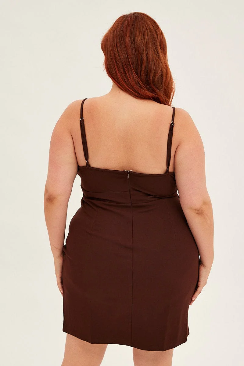 Brown Midi Dress Shoestring Strap Fitted Stretch Crepe - Image 5