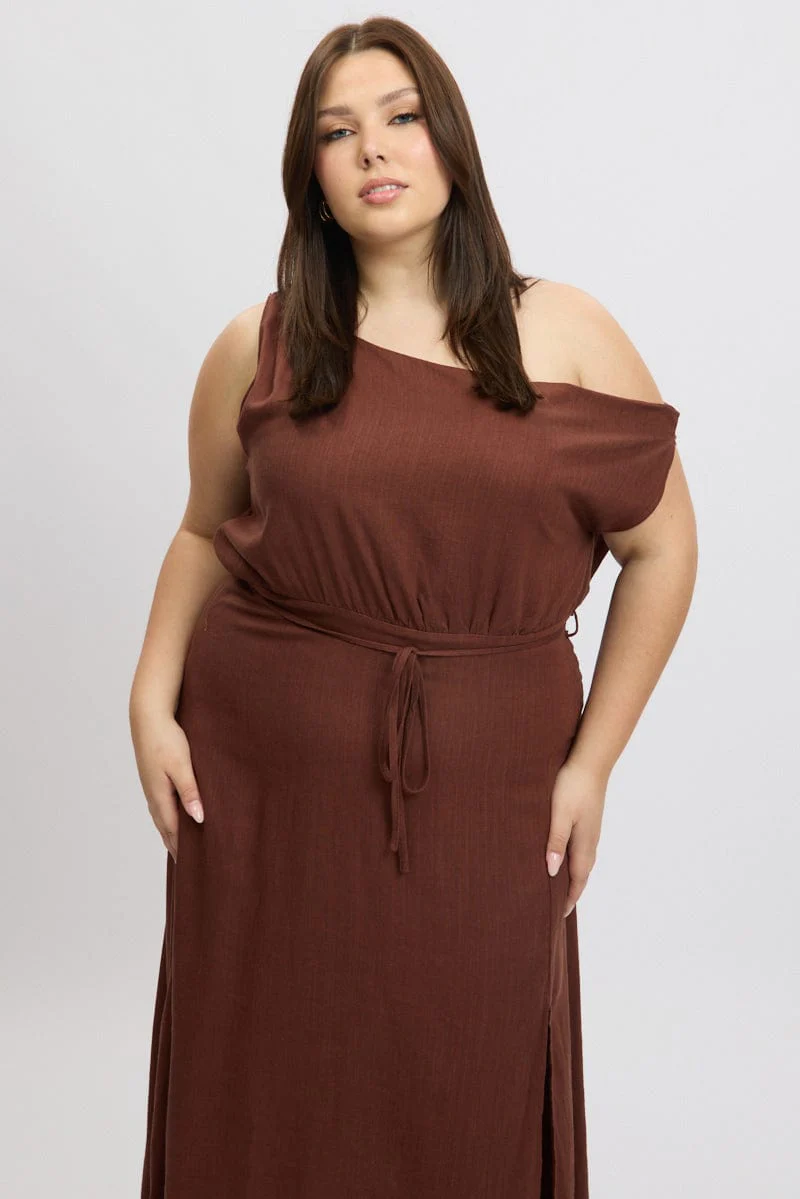 Brown Midi Dress Short Sleeve Asymmetric Shoulder - Image 2