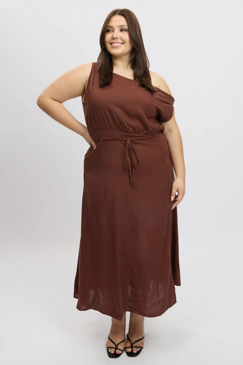 Brown Midi Dress Short Sleeve Asymmetric Shoulder - Image 3