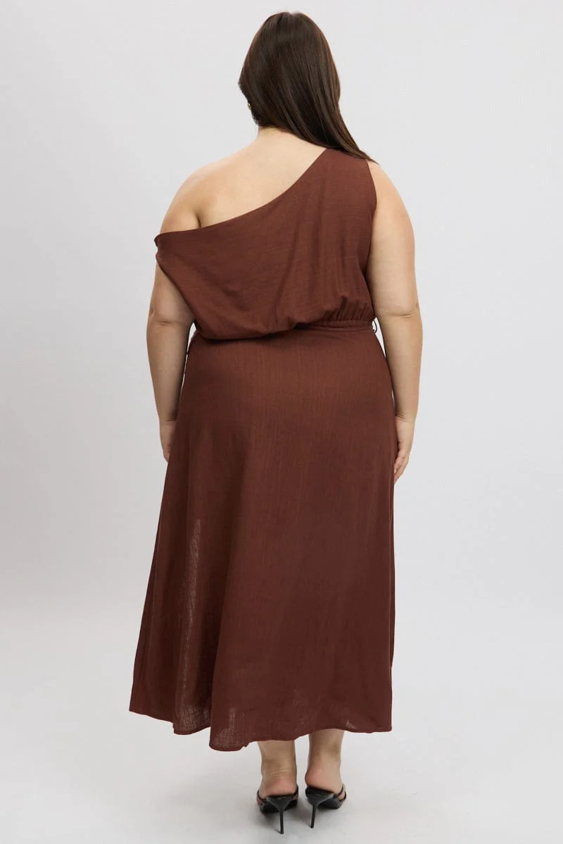 Brown Midi Dress Short Sleeve Asymmetric Shoulder - Image 5
