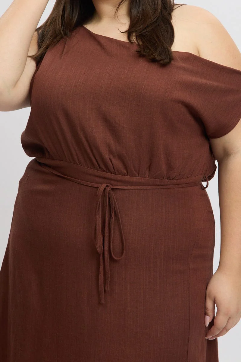 Brown Midi Dress Short Sleeve Asymmetric Shoulder - Image 6