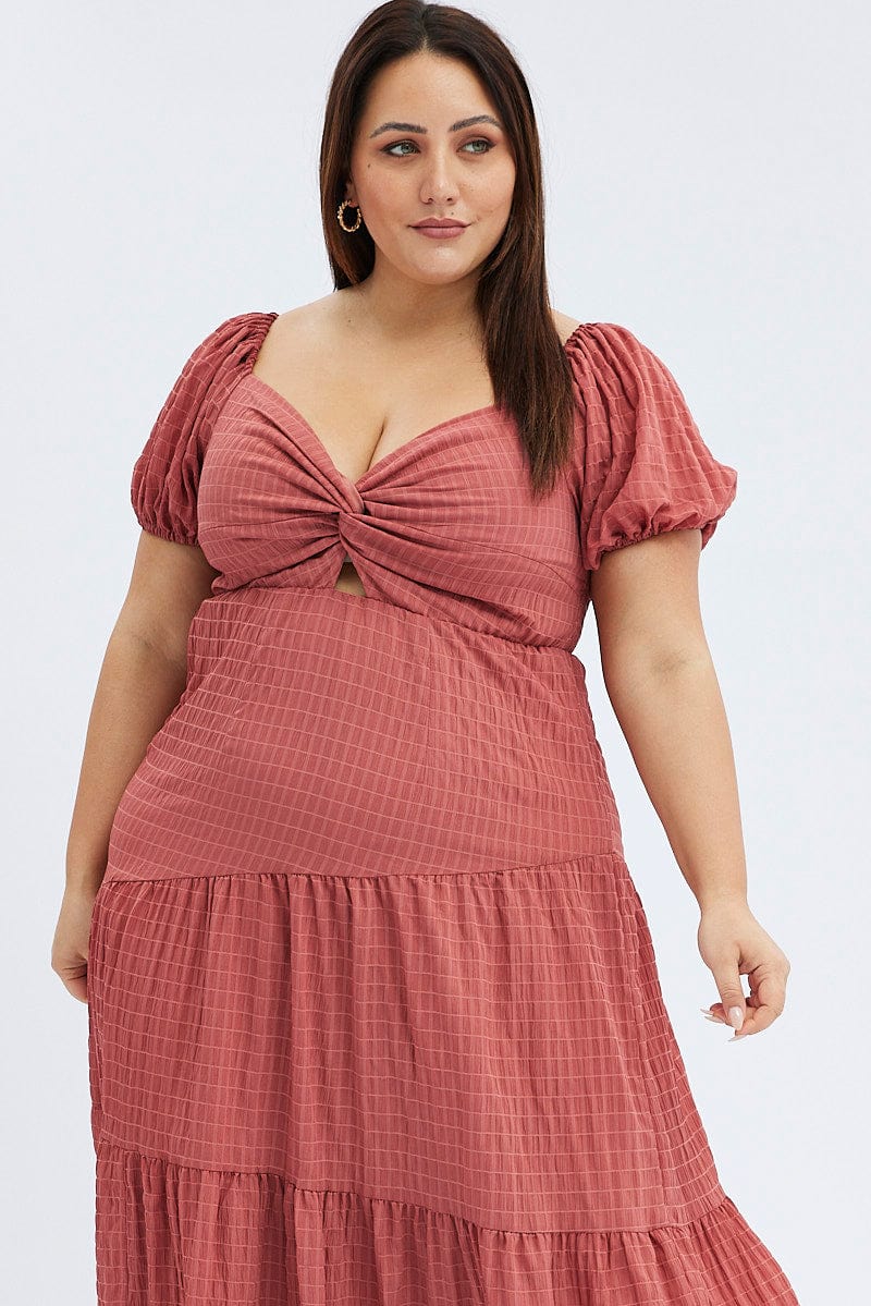 Brown Midi Dress Short Sleeve Cut Out - Image 2