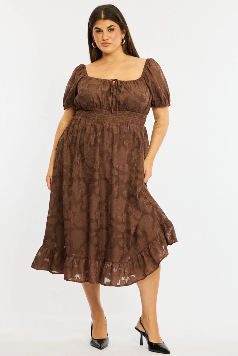 Brown Midi Dress Short Sleeve Jacquard