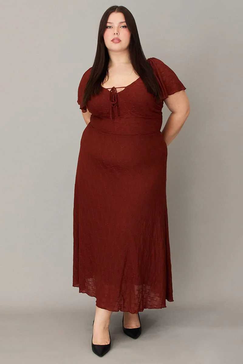 Brown Midi Dress Short Sleeve Lace