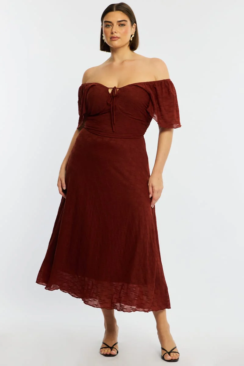Brown Midi Dress Short Sleeve Lace - Image 2
