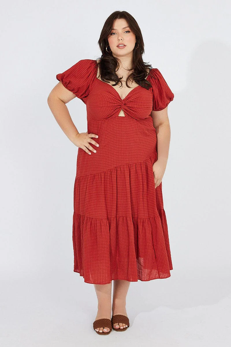 Brown Midi Dress Short Sleeve Tiered Cut Out - Image 2