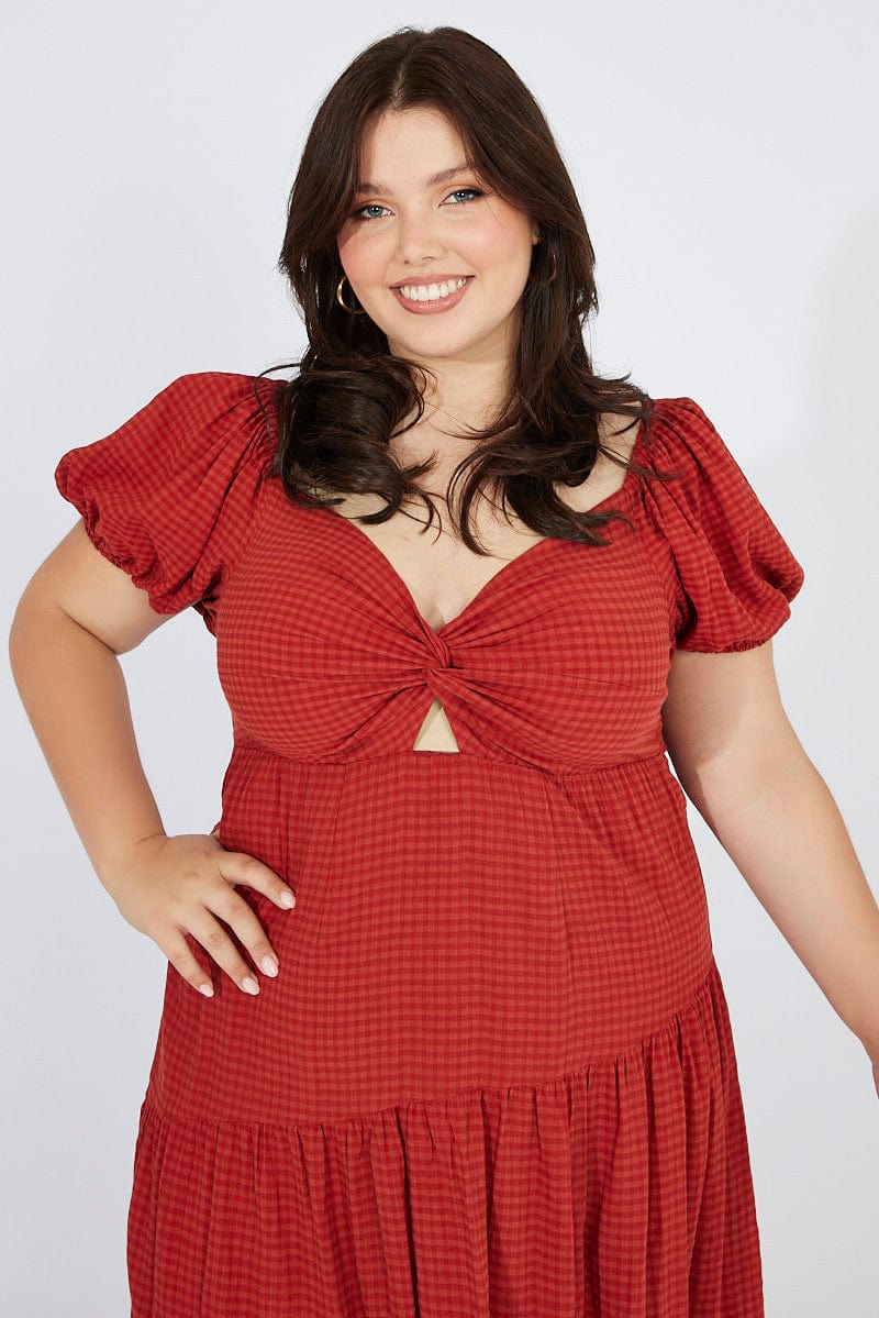 Brown Midi Dress Short Sleeve Tiered Cut Out - Image 3