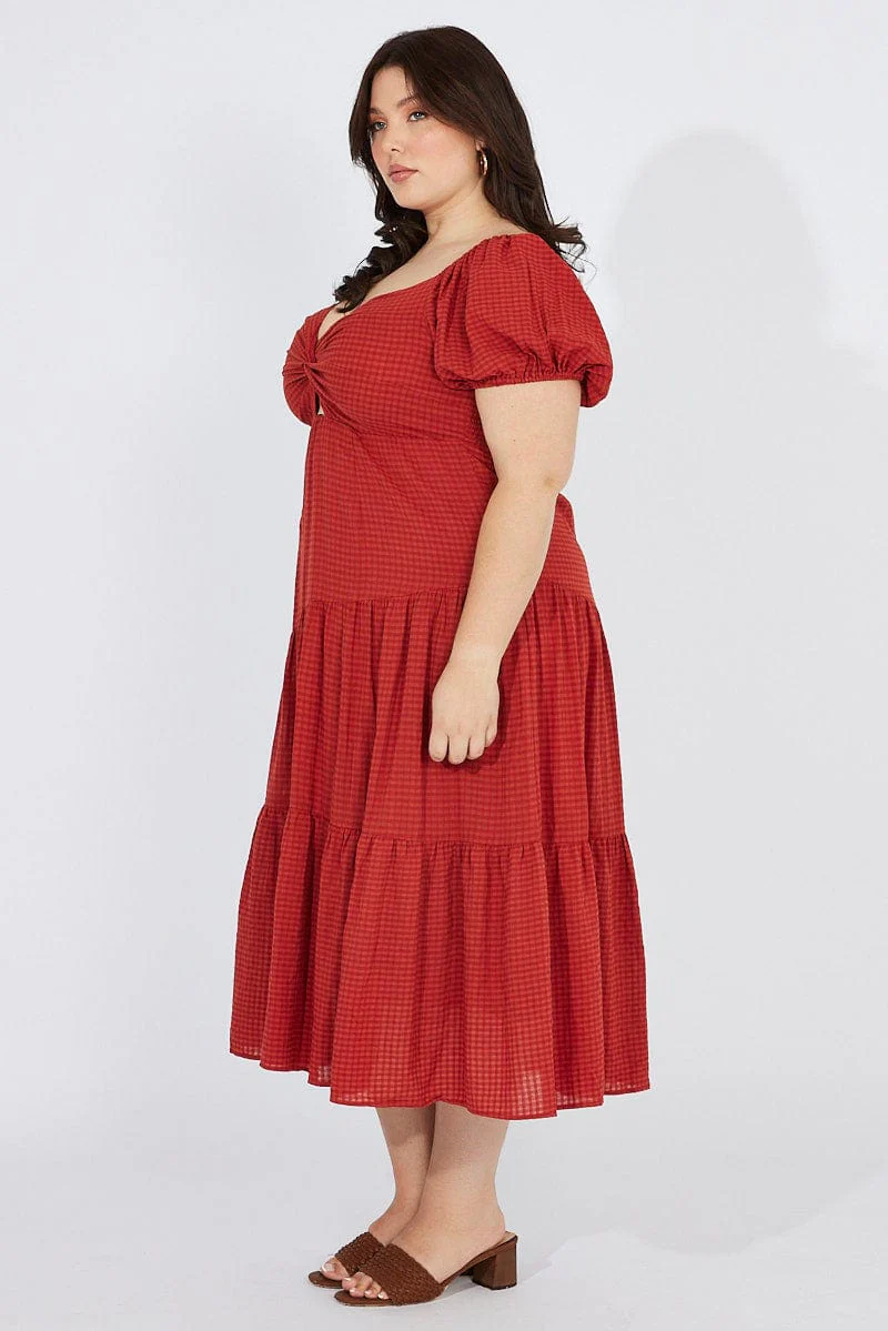 Brown Midi Dress Short Sleeve Tiered Cut Out - Image 4