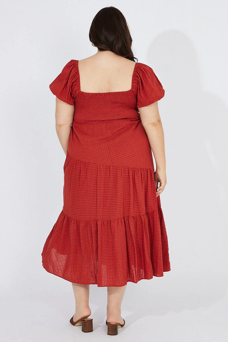 Brown Midi Dress Short Sleeve Tiered Cut Out - Image 5