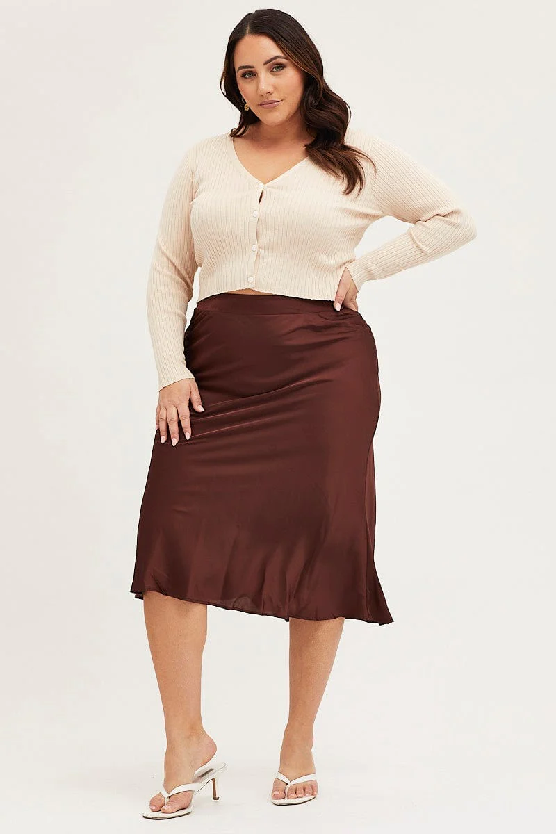 Brown Midi Satin Skirt Elastic Waist - Image 3