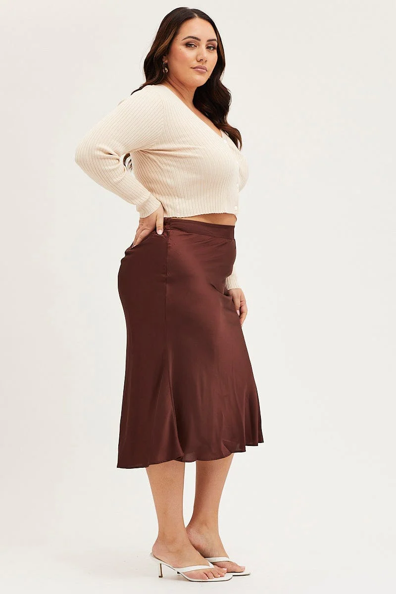 Brown Midi Satin Skirt Elastic Waist - Image 4