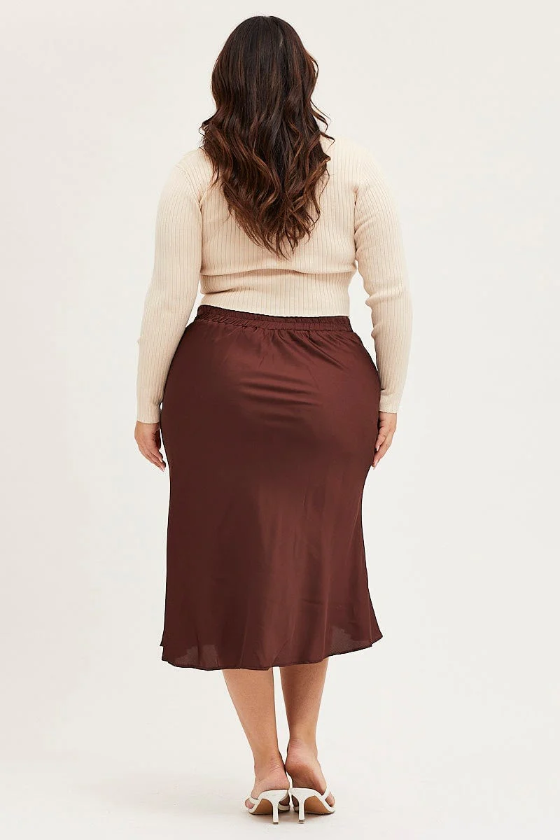 Brown Midi Satin Skirt Elastic Waist - Image 5