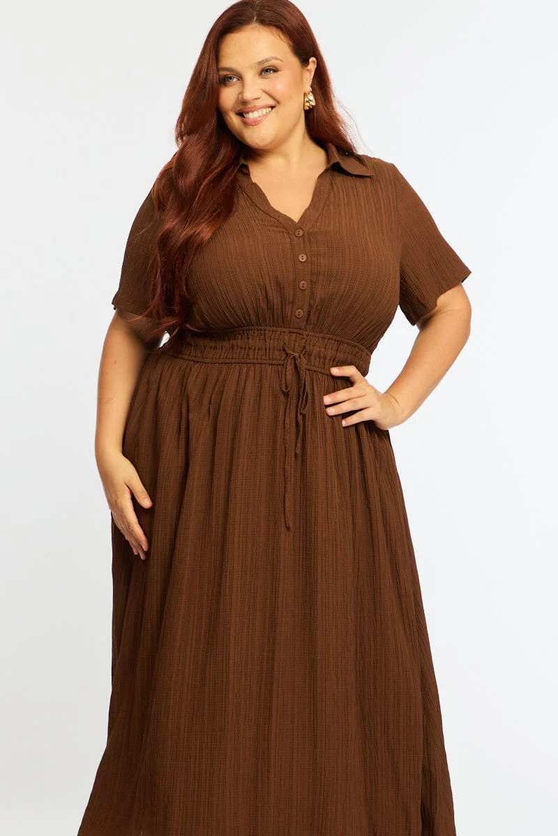 Brown Midi Shirt Dress Short Sleeve Textured - Image 2