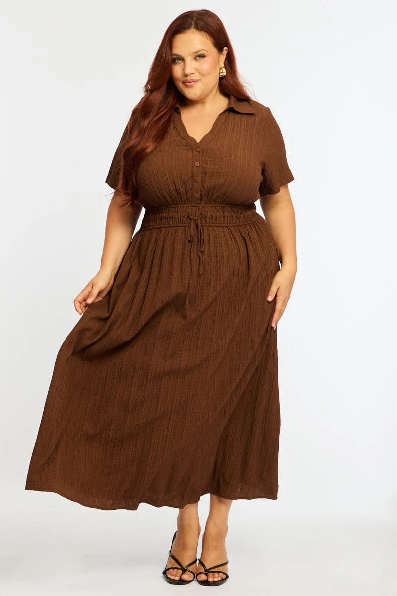 Brown Midi Shirt Dress Short Sleeve Textured - Image 3