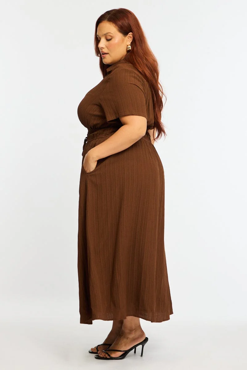 Brown Midi Shirt Dress Short Sleeve Textured - Image 4