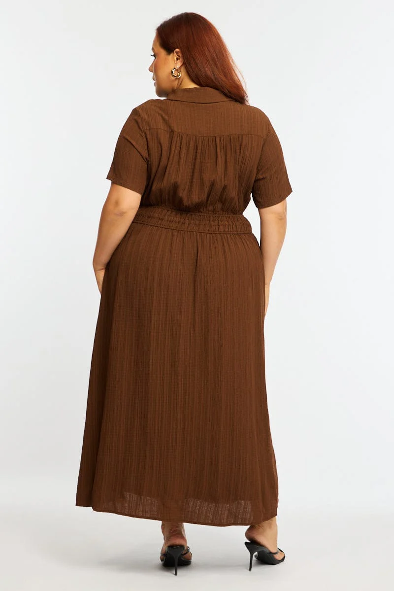 Brown Midi Shirt Dress Short Sleeve Textured - Image 5