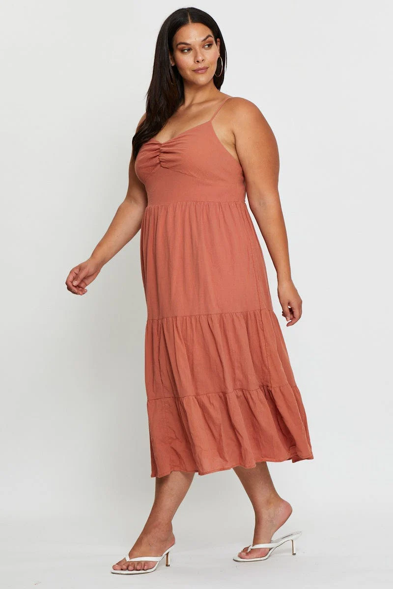 Brown Midi Skater Dress Sleeveless Tie - Image 4