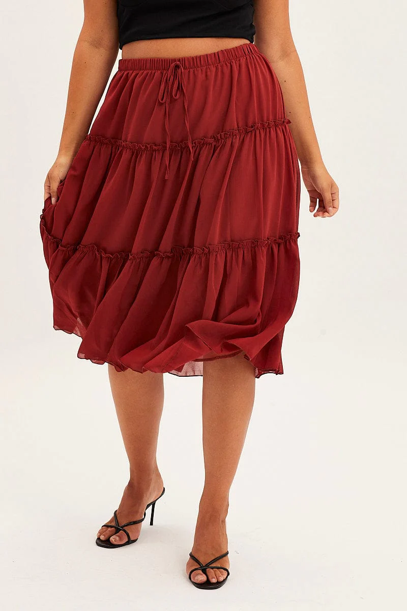 Brown Midi Skirt Elastic Waist Chiffon Frill - Image 2