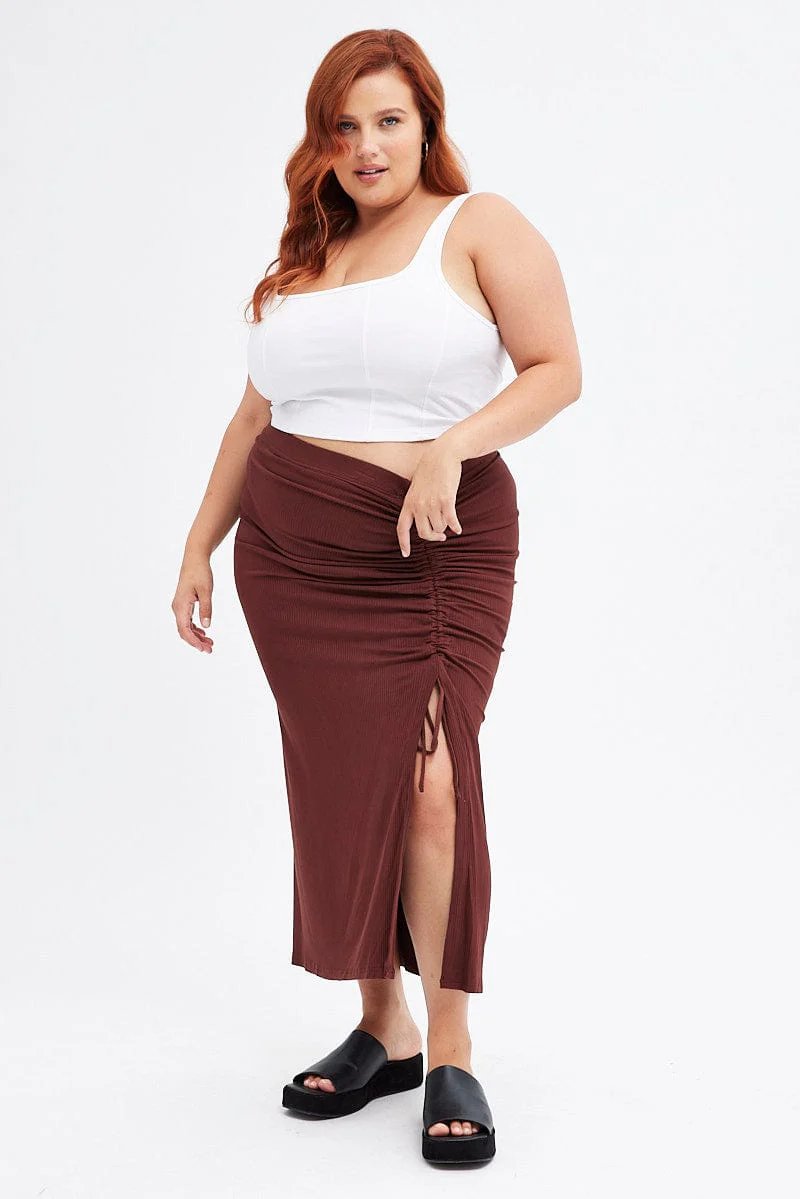 Brown Midi Skirt Rib Ruched - Image 3
