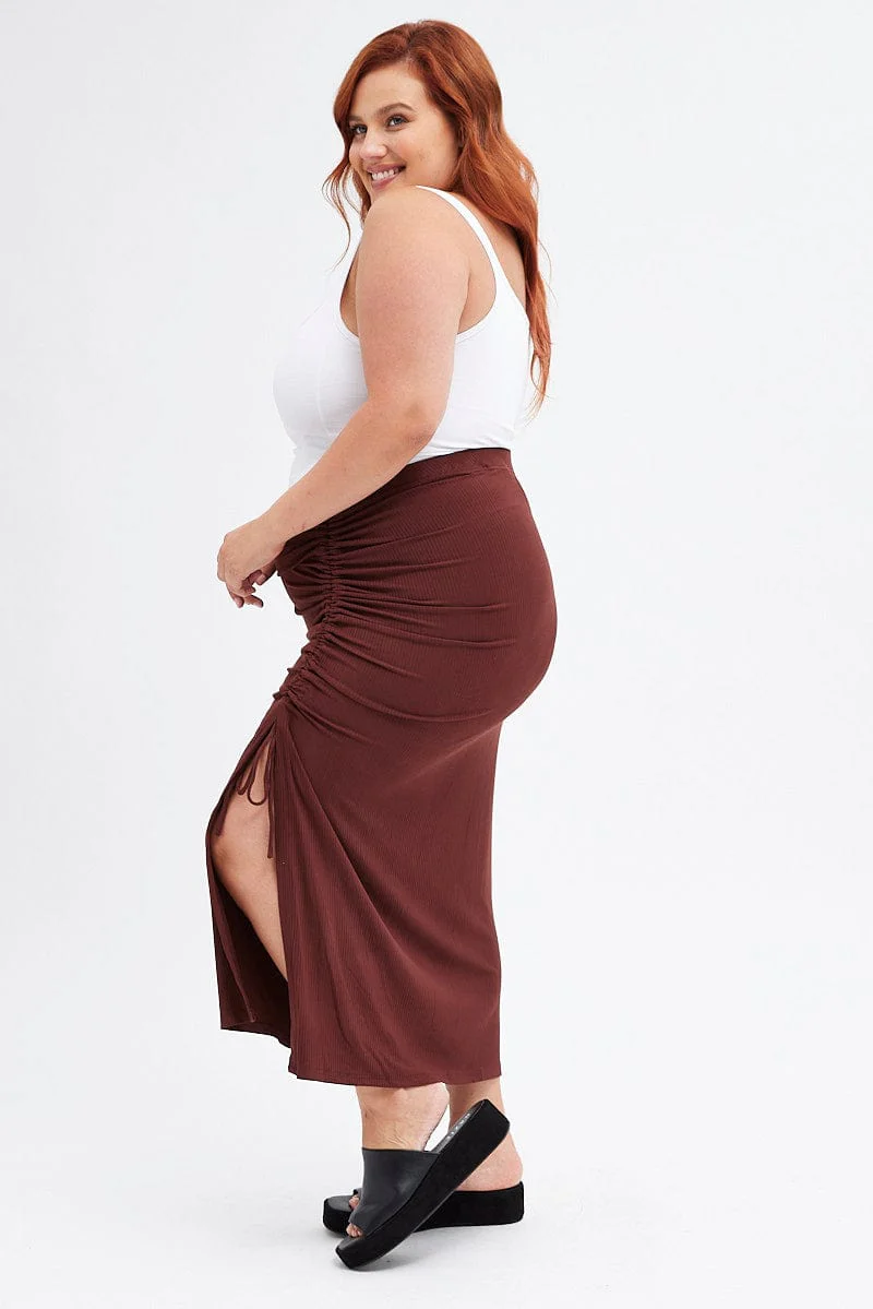 Brown Midi Skirt Rib Ruched - Image 4