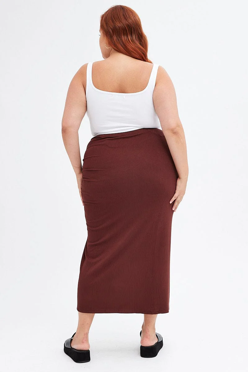 Brown Midi Skirt Rib Ruched - Image 5