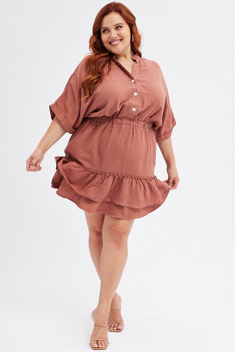 Brown Mini Dress Button Front Cotton Crush - Image 2