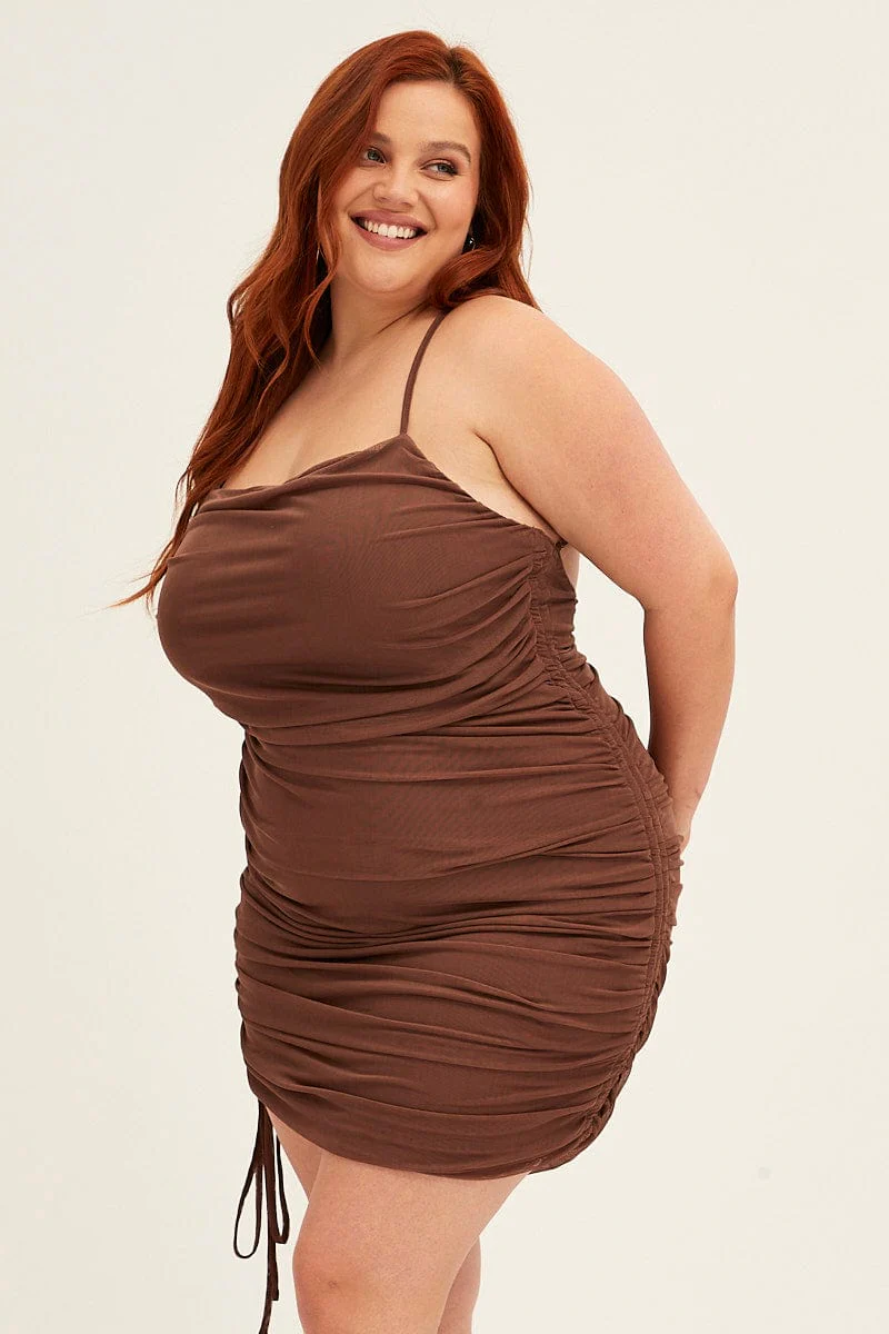 Brown Mini Dress Cross Back Ruched Bodycon Mesh - Image 4