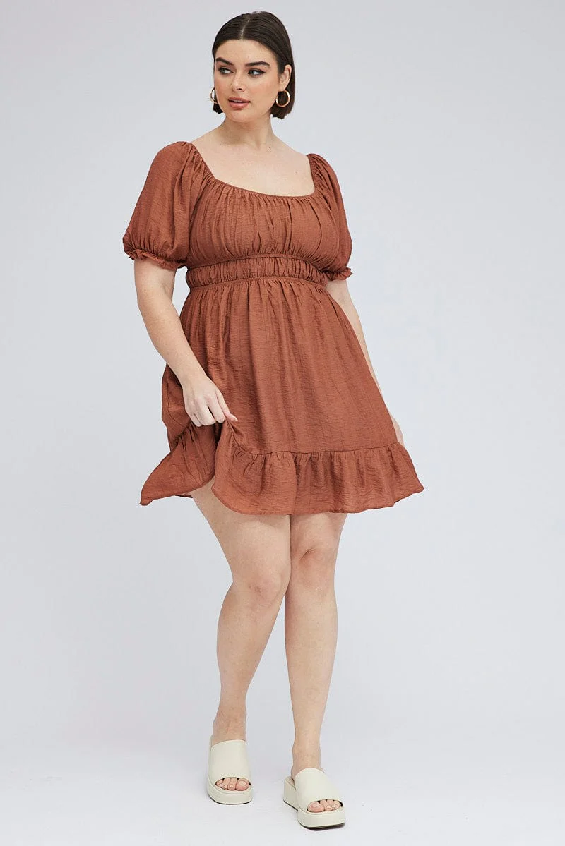 Brown Mini Dress Gather Waist Frill Hem - Image 2