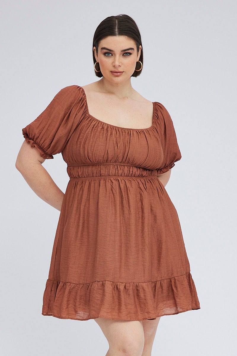 Brown Mini Dress Gather Waist Frill Hem - Image 3