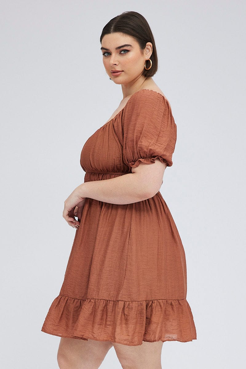 Brown Mini Dress Gather Waist Frill Hem - Image 4