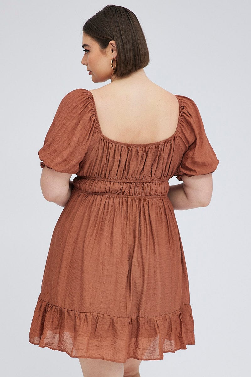 Brown Mini Dress Gather Waist Frill Hem - Image 5