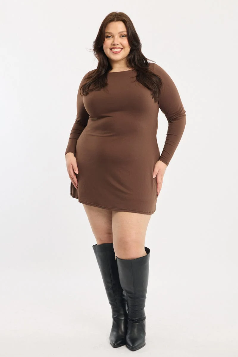 Brown Mini Dress Long Sleeve A-line - Image 3
