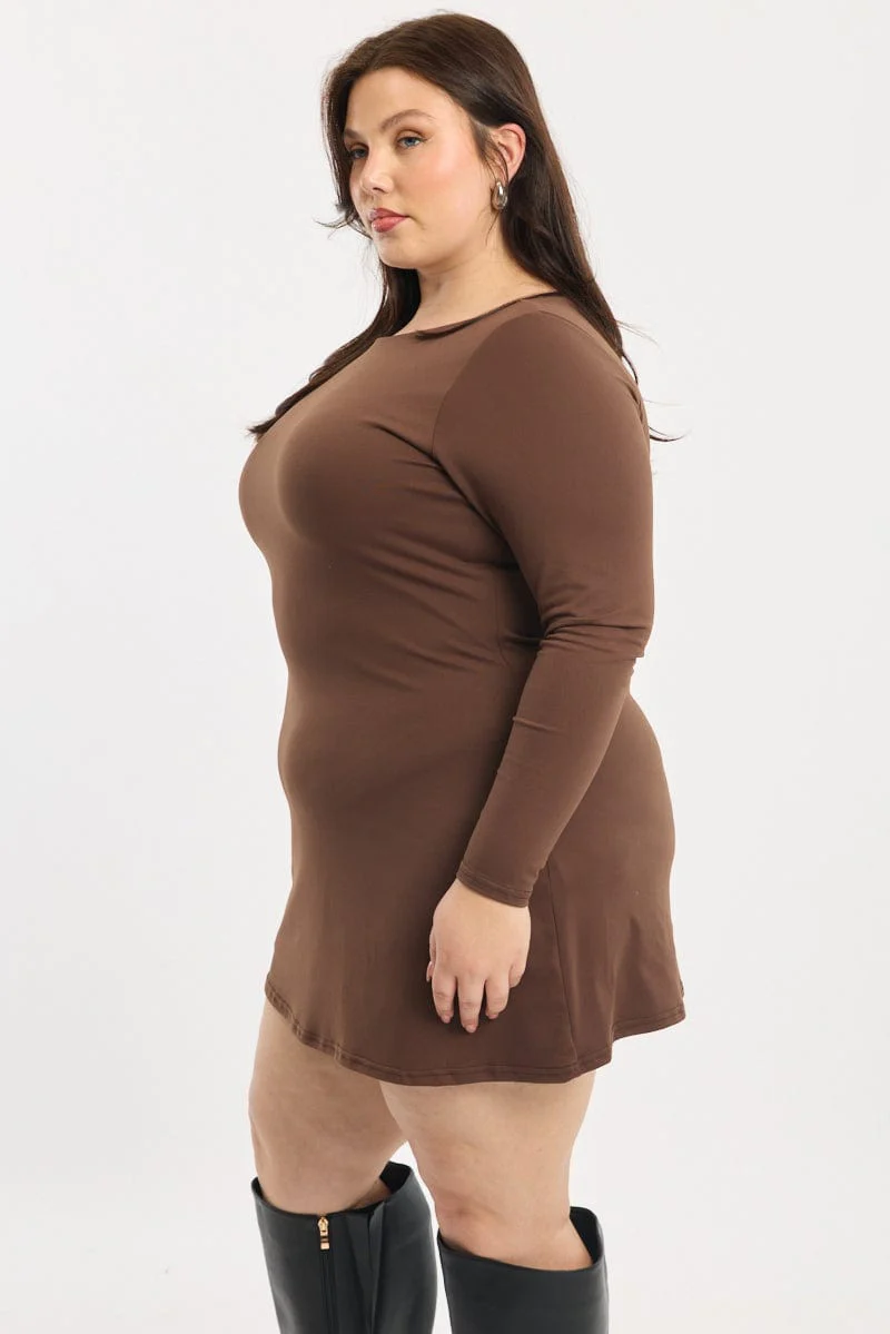 Brown Mini Dress Long Sleeve A-line - Image 5